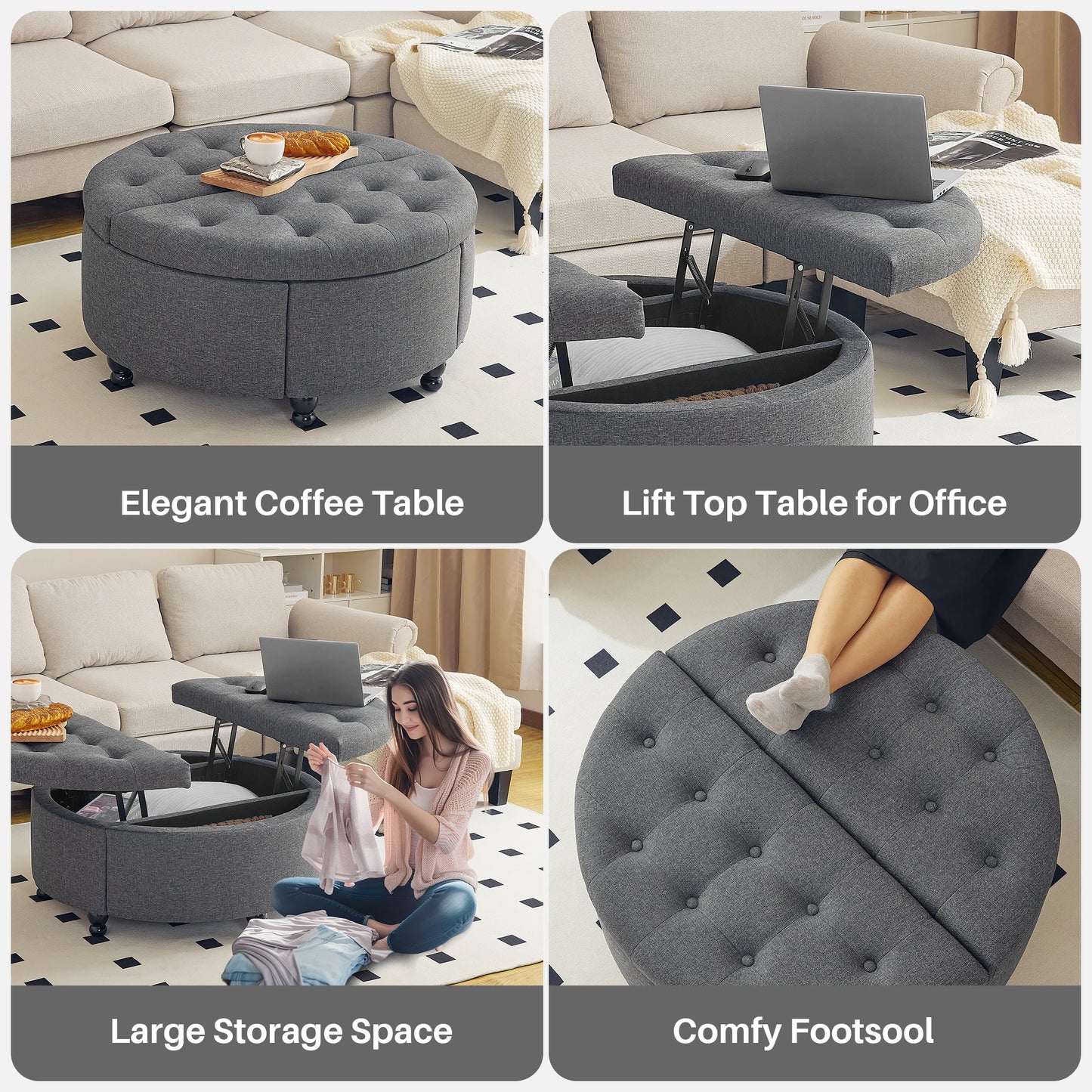 Redlife Upholstered 35" Round Storage Coffee Table