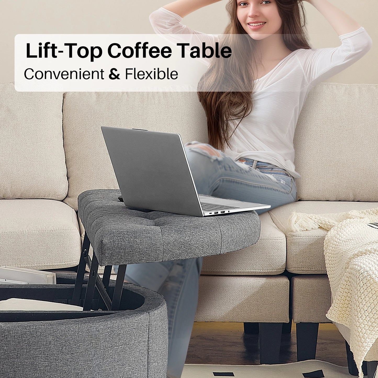 Redlife Upholstered 35" Round Storage Coffee Table