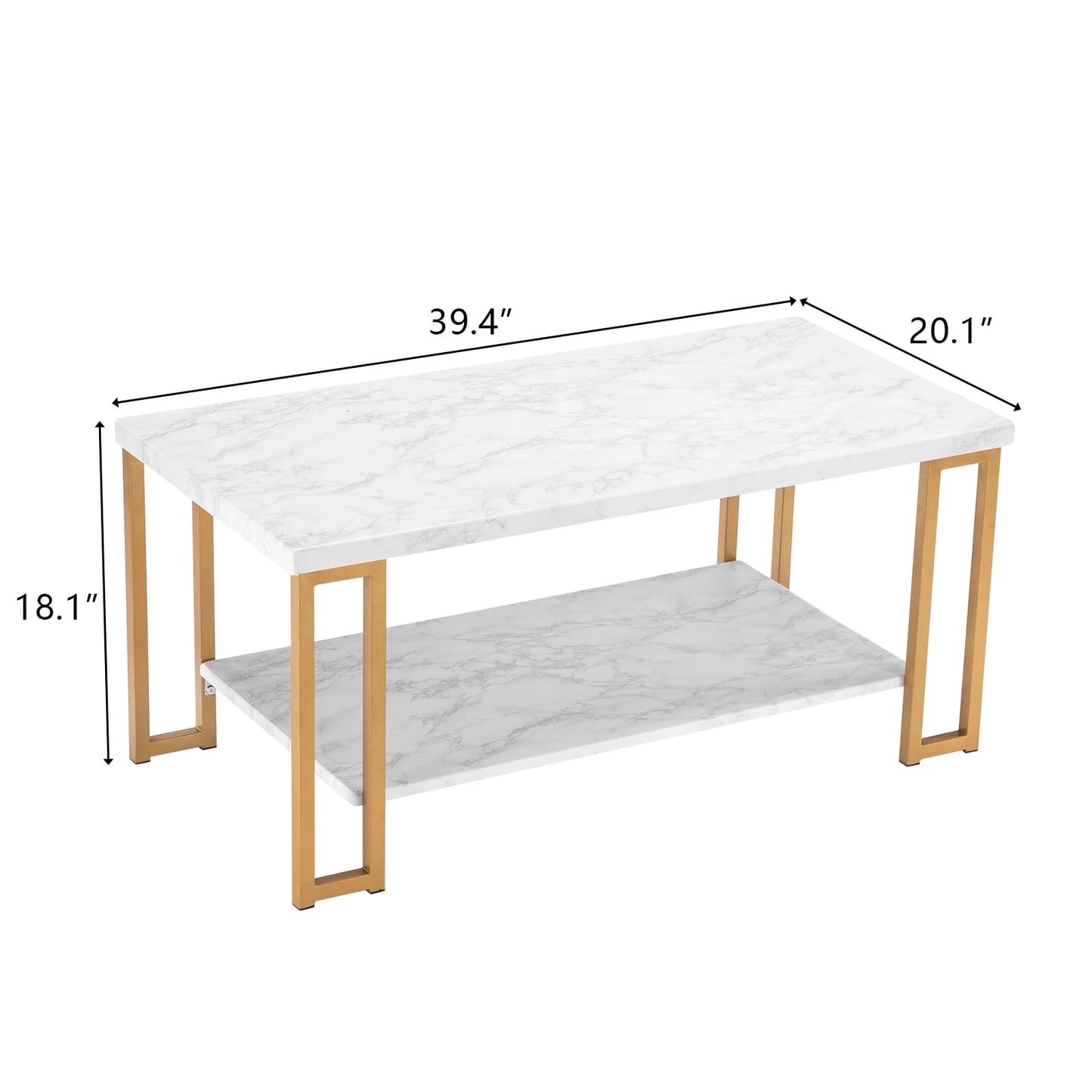 (106 x 50 x 48cm) Simple 2-Tier Golden Iron Pipe Faux Marble PVC Coffee Table