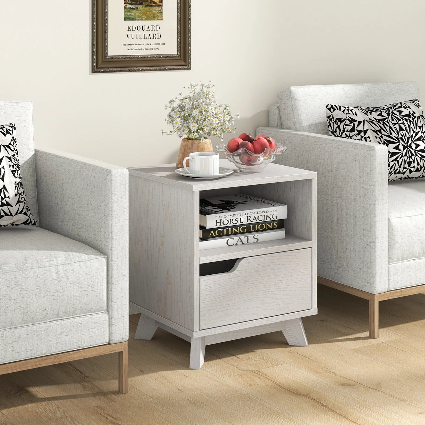 Nightstand or Sofa Side Table with Storage Shelf & Drawer, Set of 2
