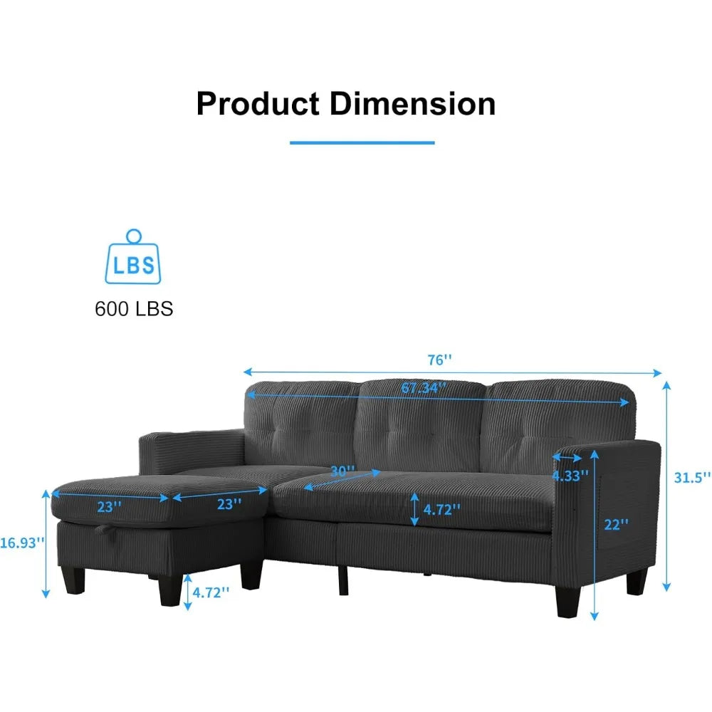 3 Seater Corduroy L-Shaped Couch with Reversible Storage Ottoman