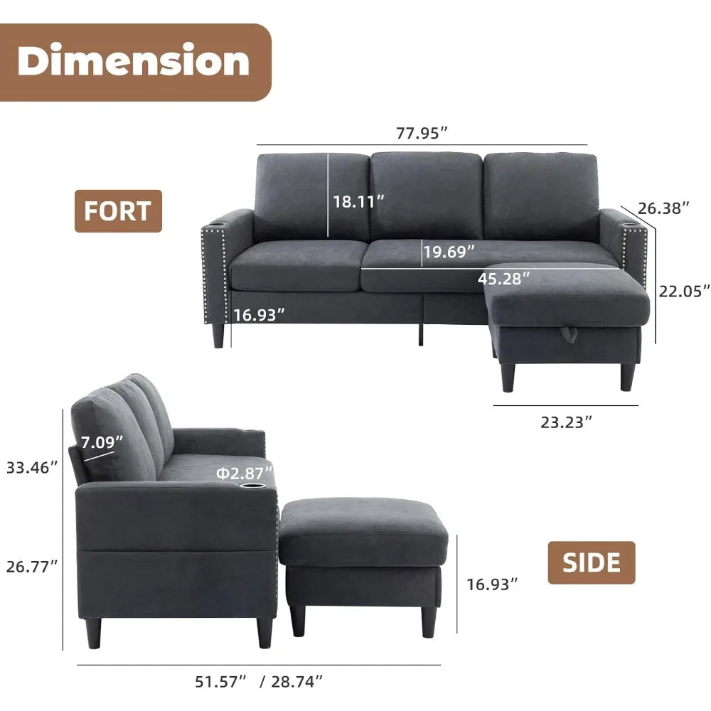 L-Shaped Convertible Sectional Couch with Storage Chaise & 2 Cup Holders