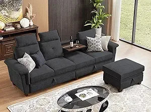 Modern Convertible L Shaped Sectional 4 Seat Sofa with Storage and Cup Holder