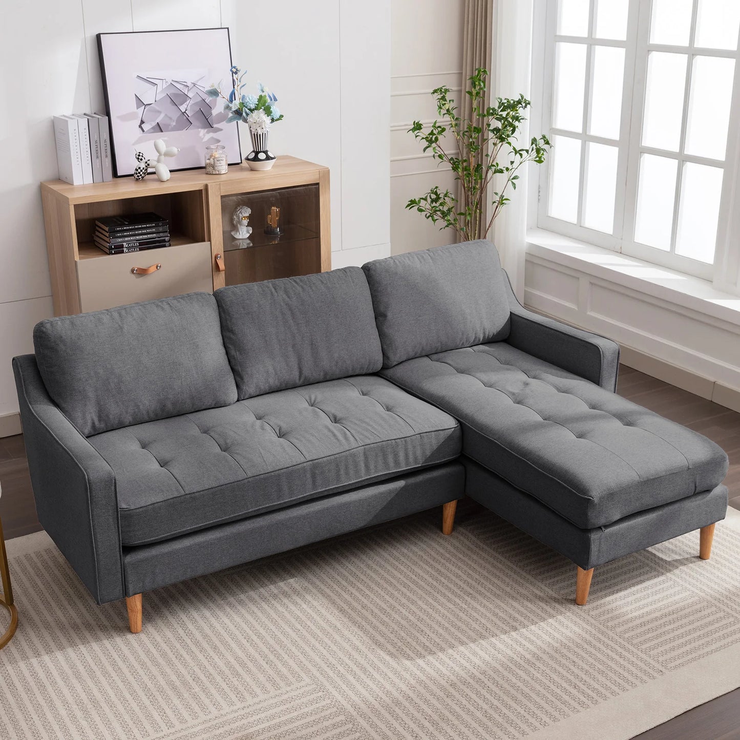 Modern 84" L-Shaped Sectional Sofa and Chaise Lounge with Solid Wood Base
