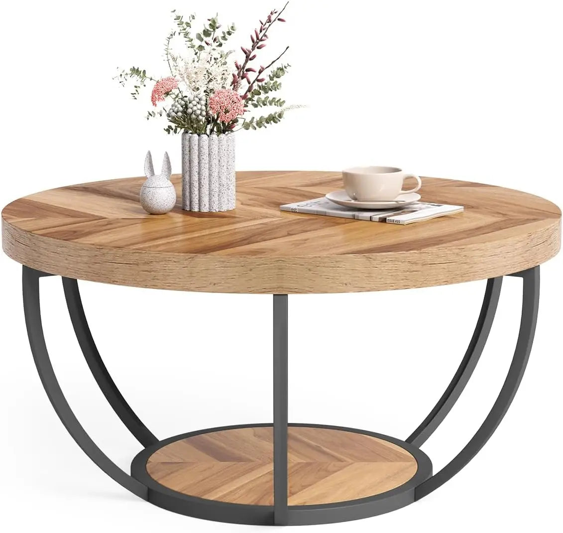 32" Circle 2-Tier Marble Coffee Tables with Golden Metal Legs