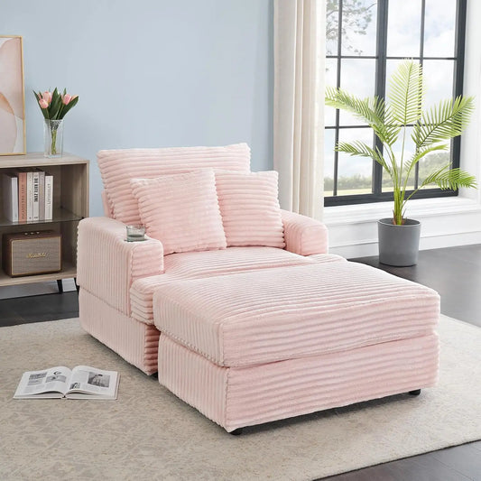 39" Wide Plush Corduroy Oversized Armchair with Ottoman with Cup Holder
