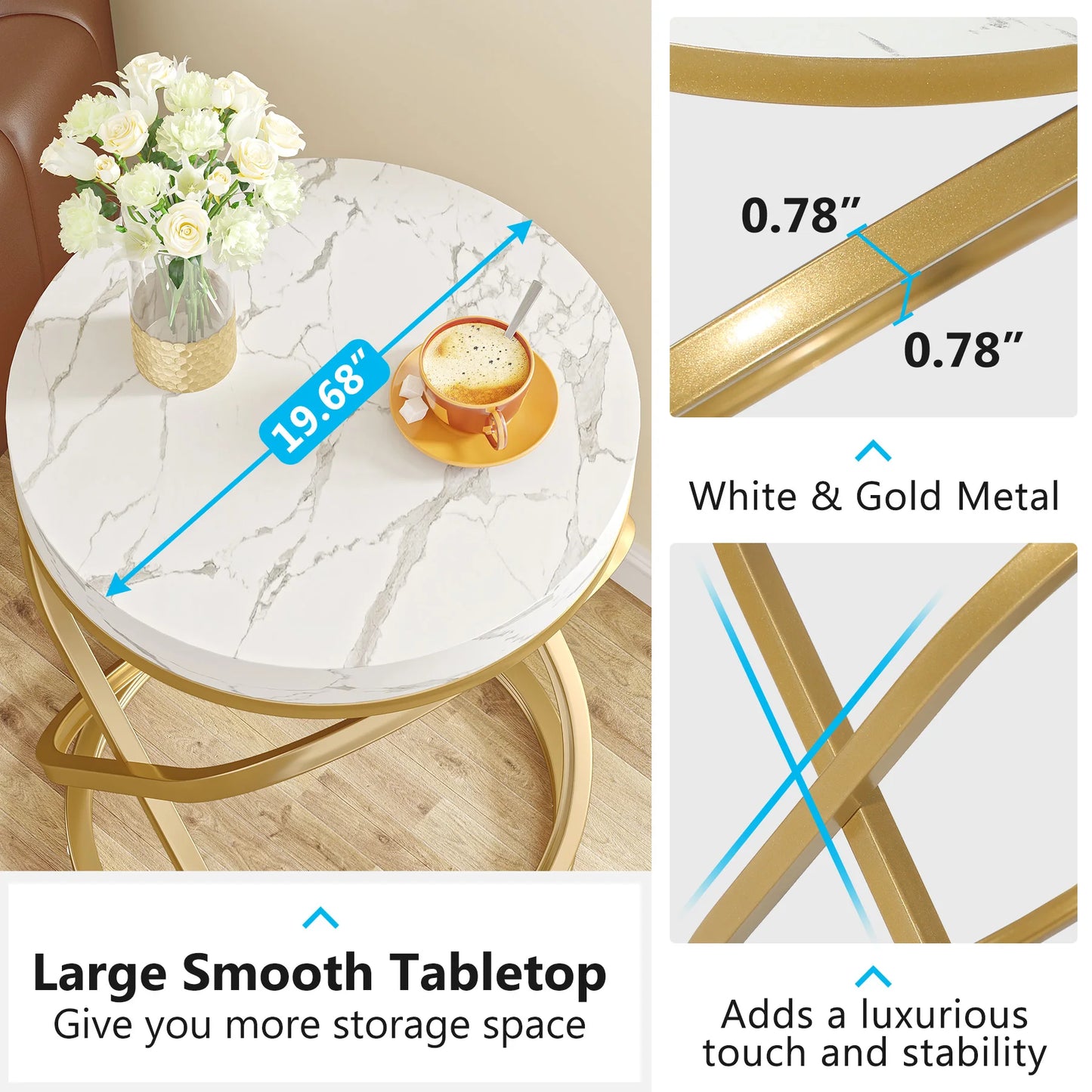 26" Faux Marble Top Round End Table, Nightstand with Gold Frame