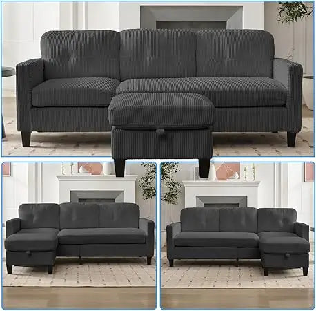 3 Seater Corduroy L-Shaped Couch with Reversible Storage Ottoman