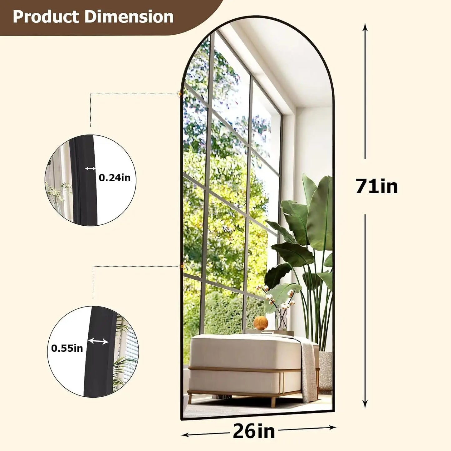 Extra Large 26" x 71" Arched Full Length Floor Mirror