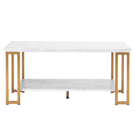 (106 x 50 x 48cm) Simple 2-Tier Golden Iron Pipe Faux Marble PVC Coffee Table