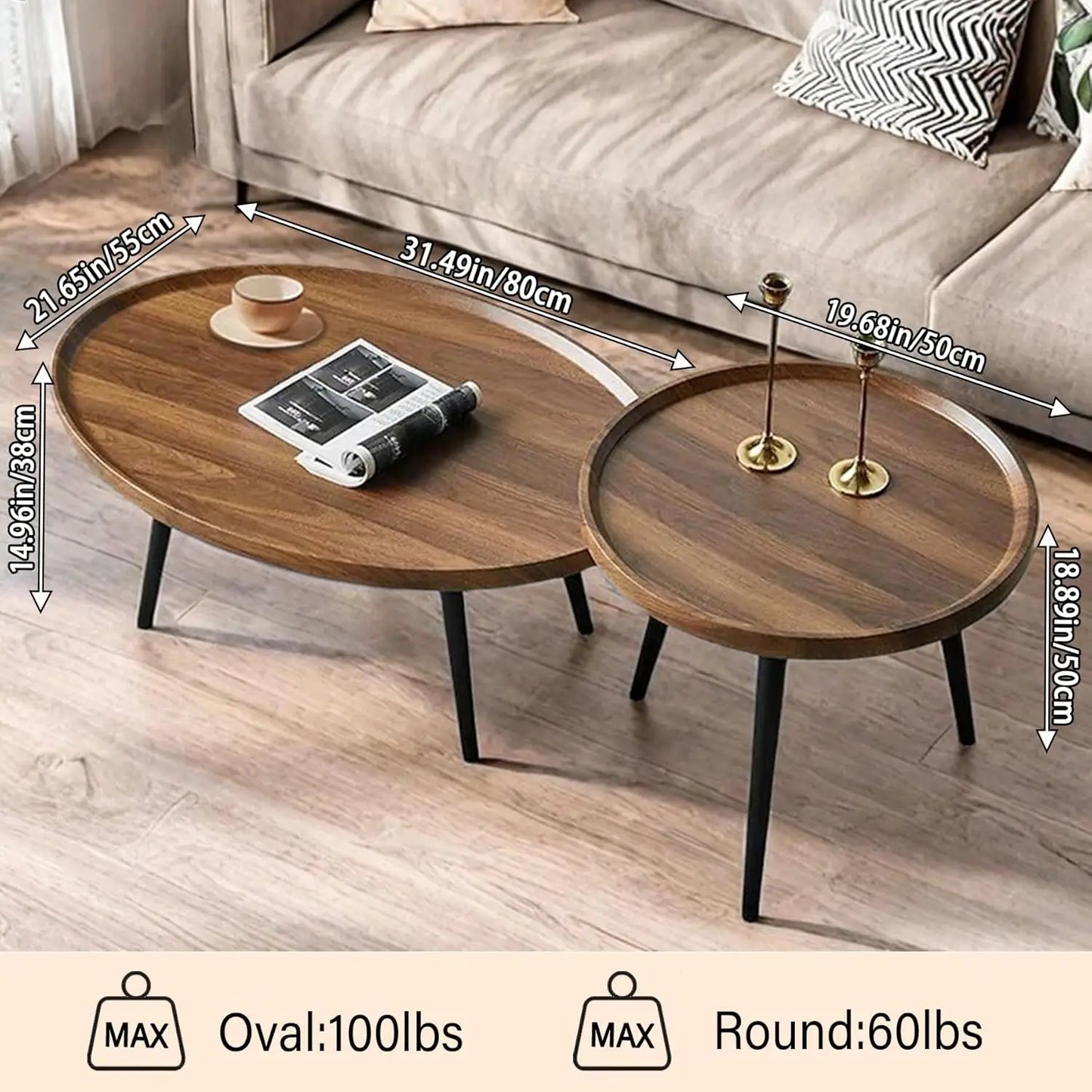 Mid-Century Modern Coffee Table, Oval + Round Side Table Set
