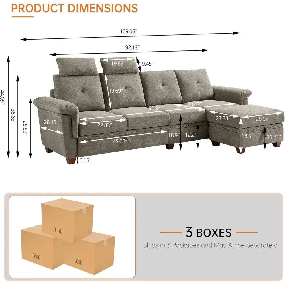 Modern Convertible L Shaped Sectional 4 Seat Sofa with Storage and Cup Holder