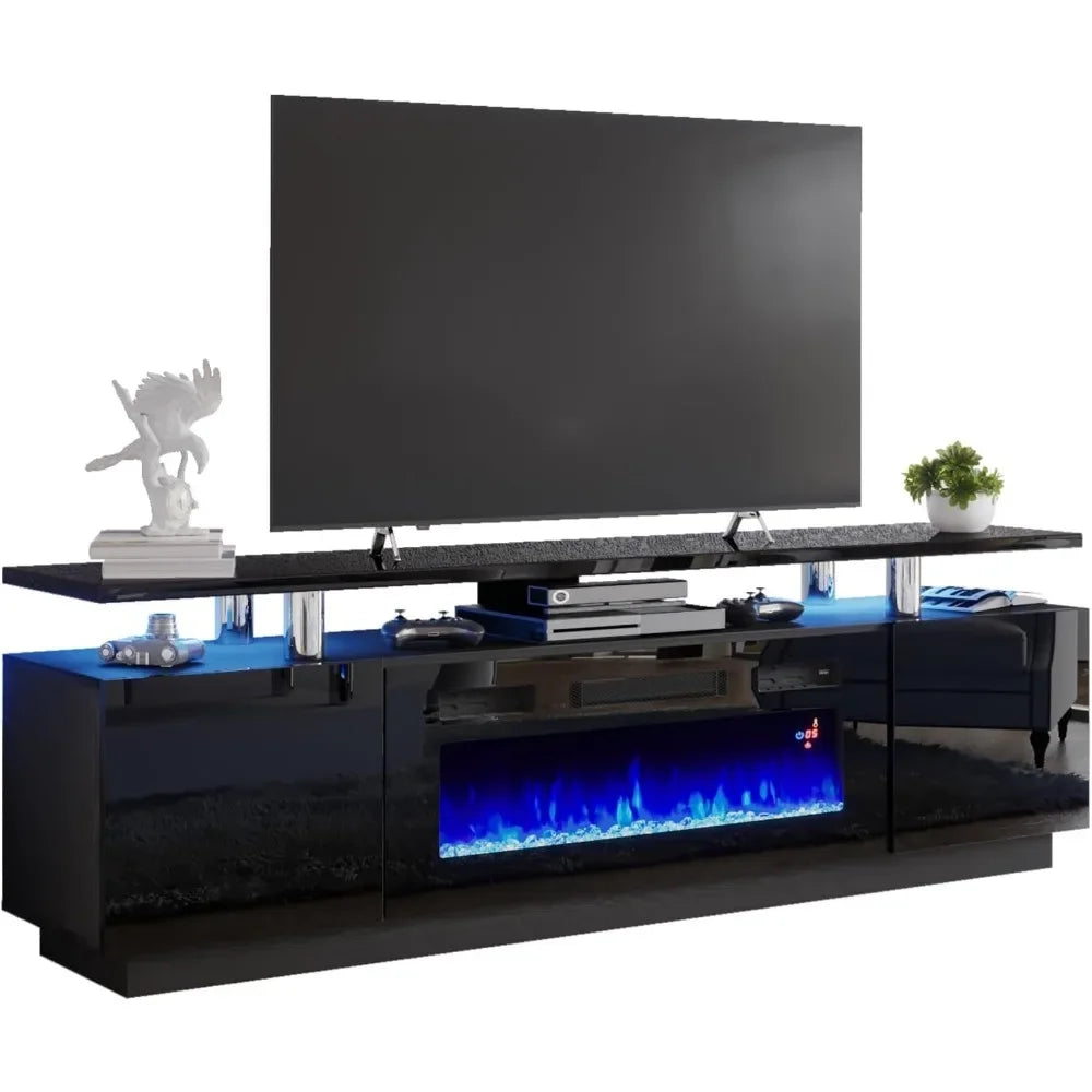 Modern High Gloss Fireplace Entertainment Center LED Lights