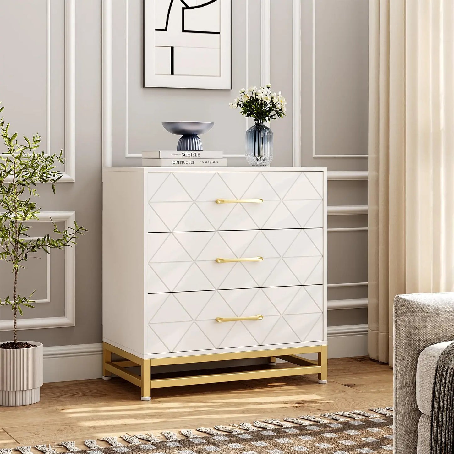 Modern Wood 3 Drawer Chest of Drawers with Gold Metal Handles