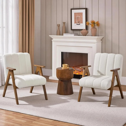 Mid Century Modern Boucle Accent Chair Set of 2 with Solid Wood Legs