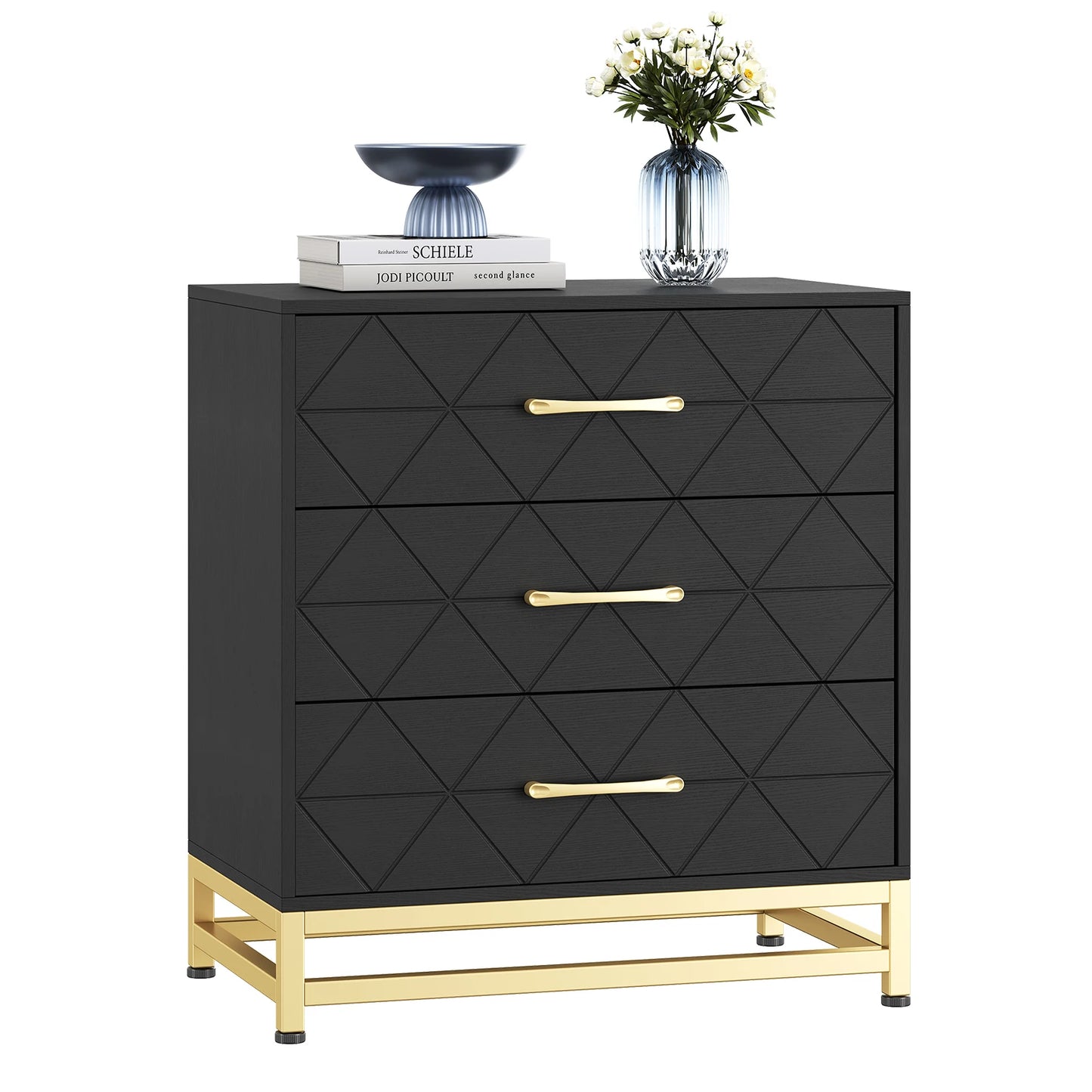 Modern Wood 3 Drawer Chest of Drawers with Gold Metal Handles