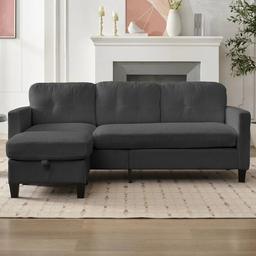 3 Seater Corduroy L-Shaped Couch with Reversible Storage Ottoman