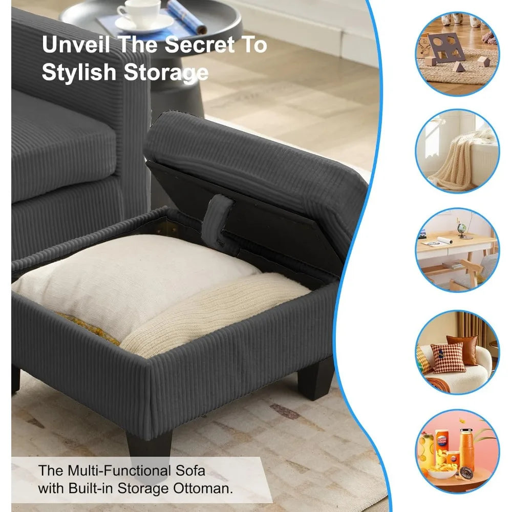 3 Seater Corduroy L-Shaped Couch with Reversible Storage Ottoman