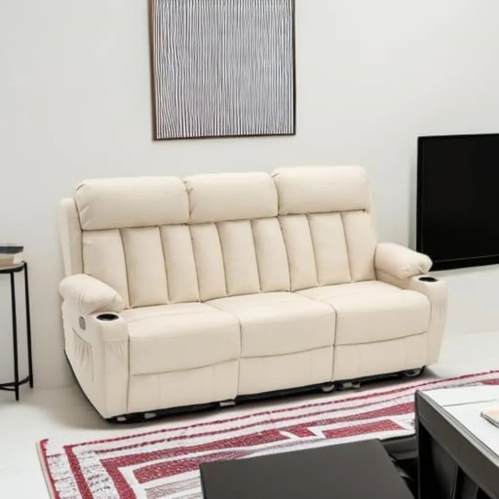 3 Seat Dual Power Reclining Sofa with Heat, Vibration, USB Ports, and Cup Holders