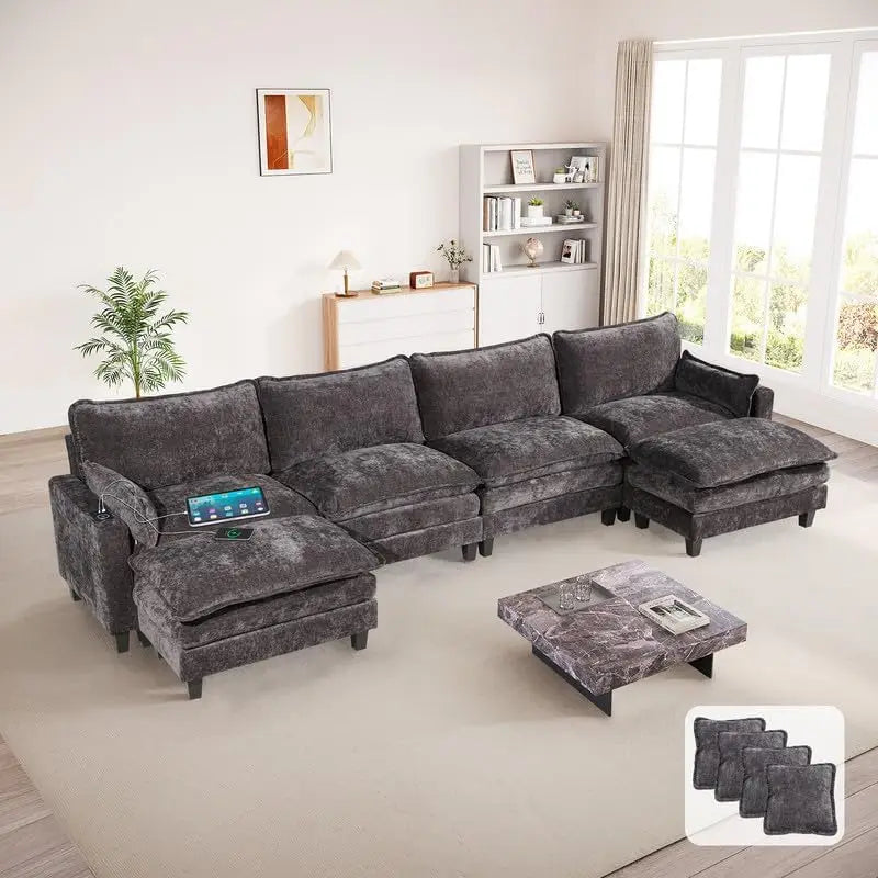 151" Chenille Sectional Sofa with 2 Ottomans