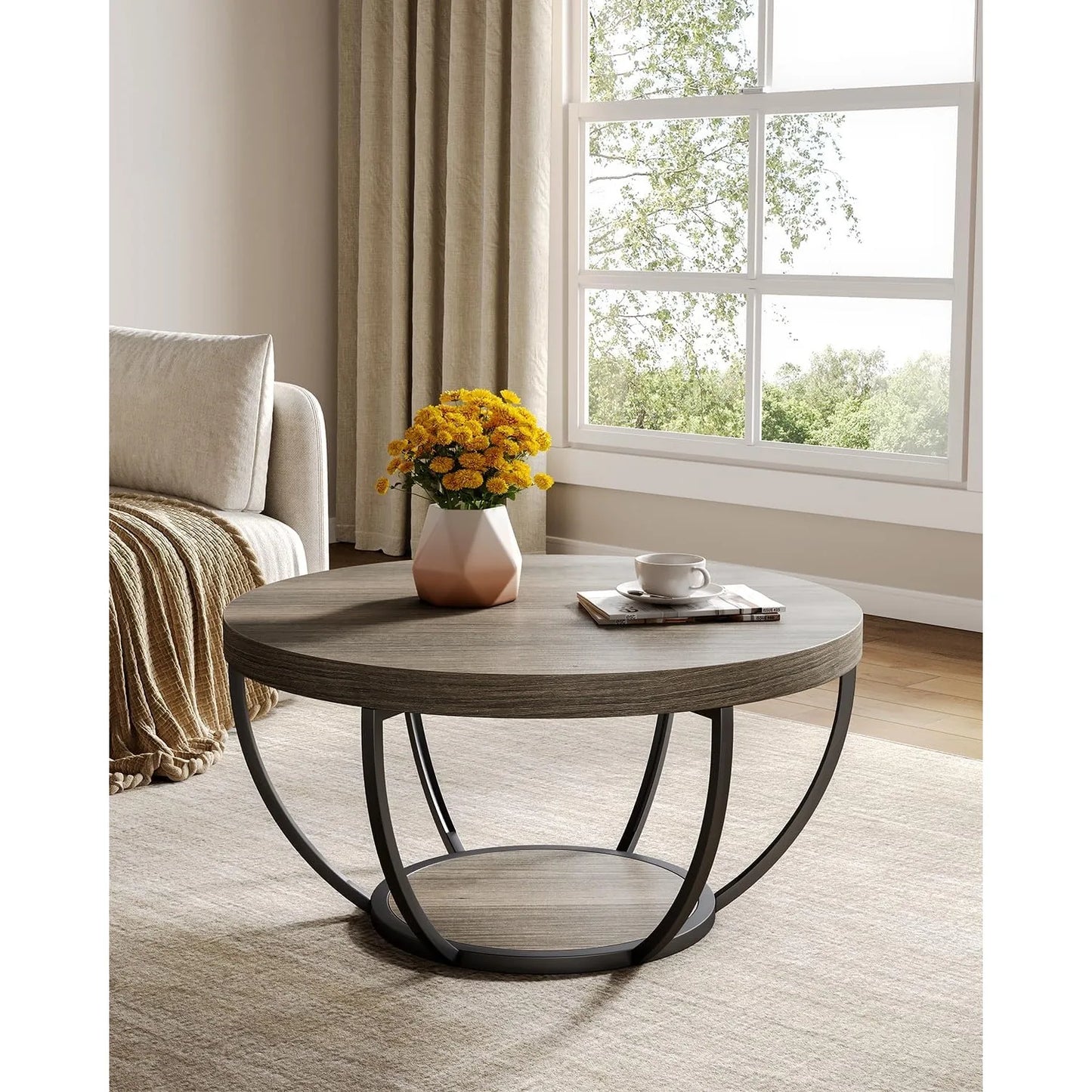 32" Circle 2-Tier Marble Coffee Tables with Golden Metal Legs