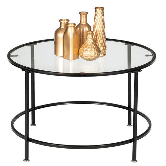 2-Tier 5mm Thick Round Tempered Glass Coffee Table with Black Wrought-Iron Frame