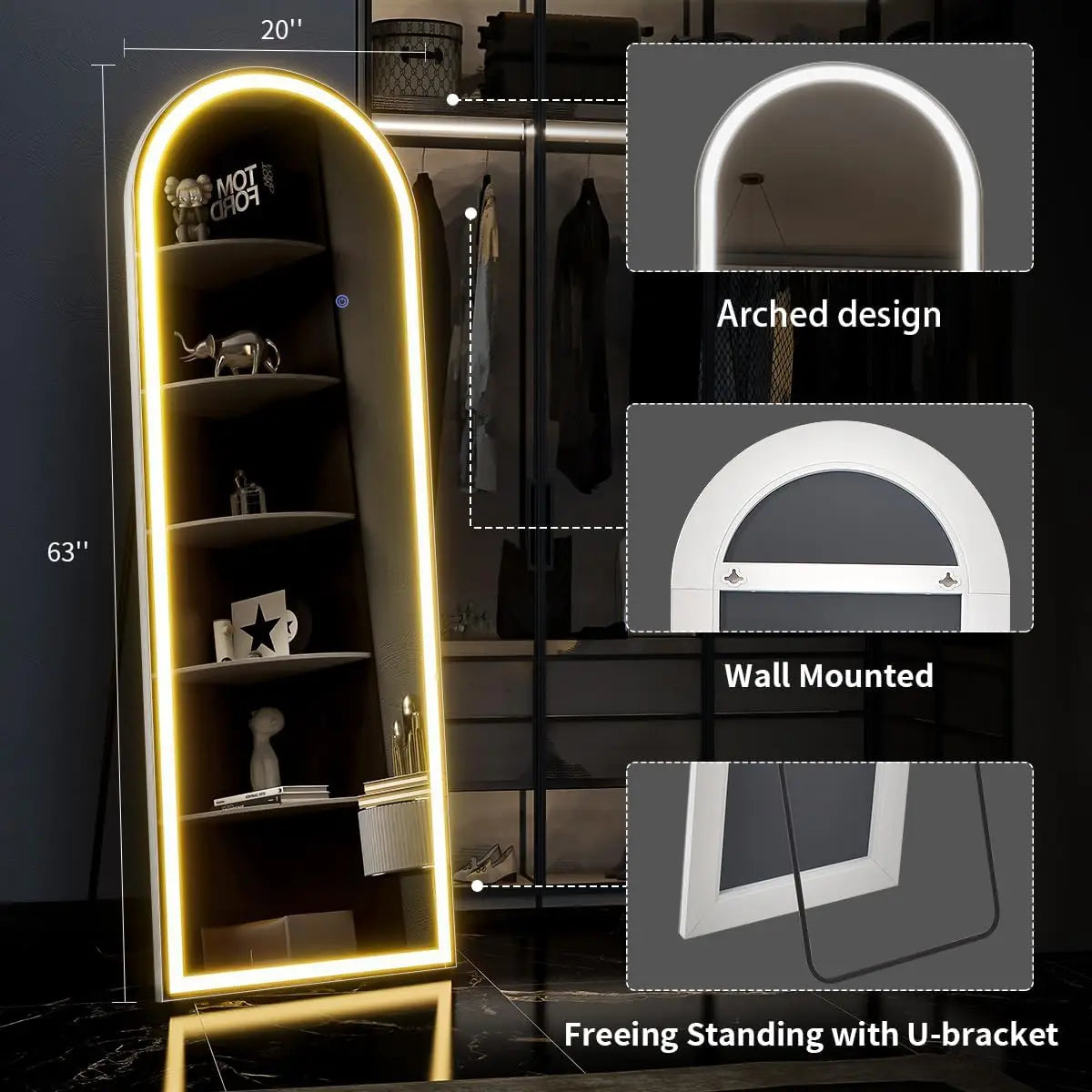 63"x20" Arched Full Length Mirror with LED Lights
