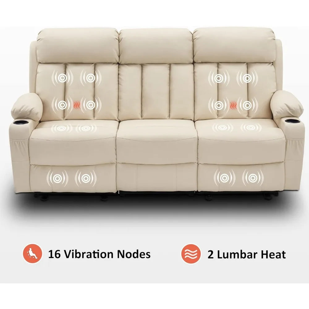 3 Seat Dual Power Reclining Sofa with Heat, Vibration, USB Ports, and Cup Holders