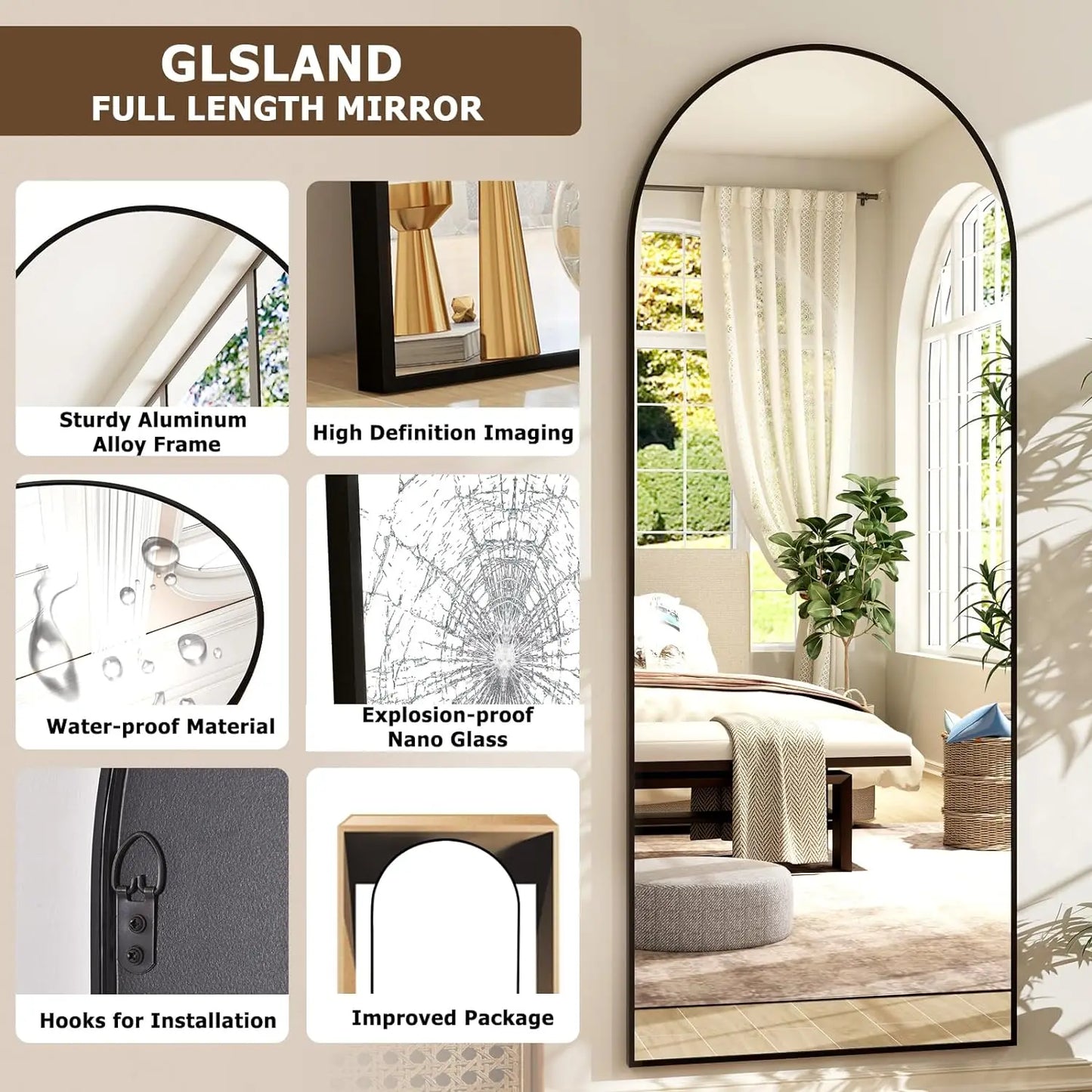 21x64 inch Arched Full Length Mirror with Aluminum Alloy Frame