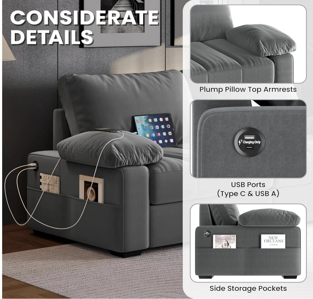 79" Oversized Modern Velvet Sofa Couch with Removable Covers, USB Ports and Storage Pockets