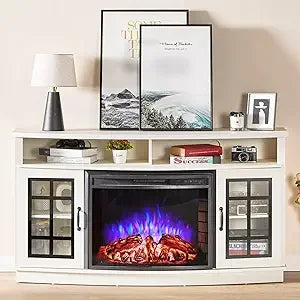 Curved Electric Fireplace Media Center TV Stand with Glass Door