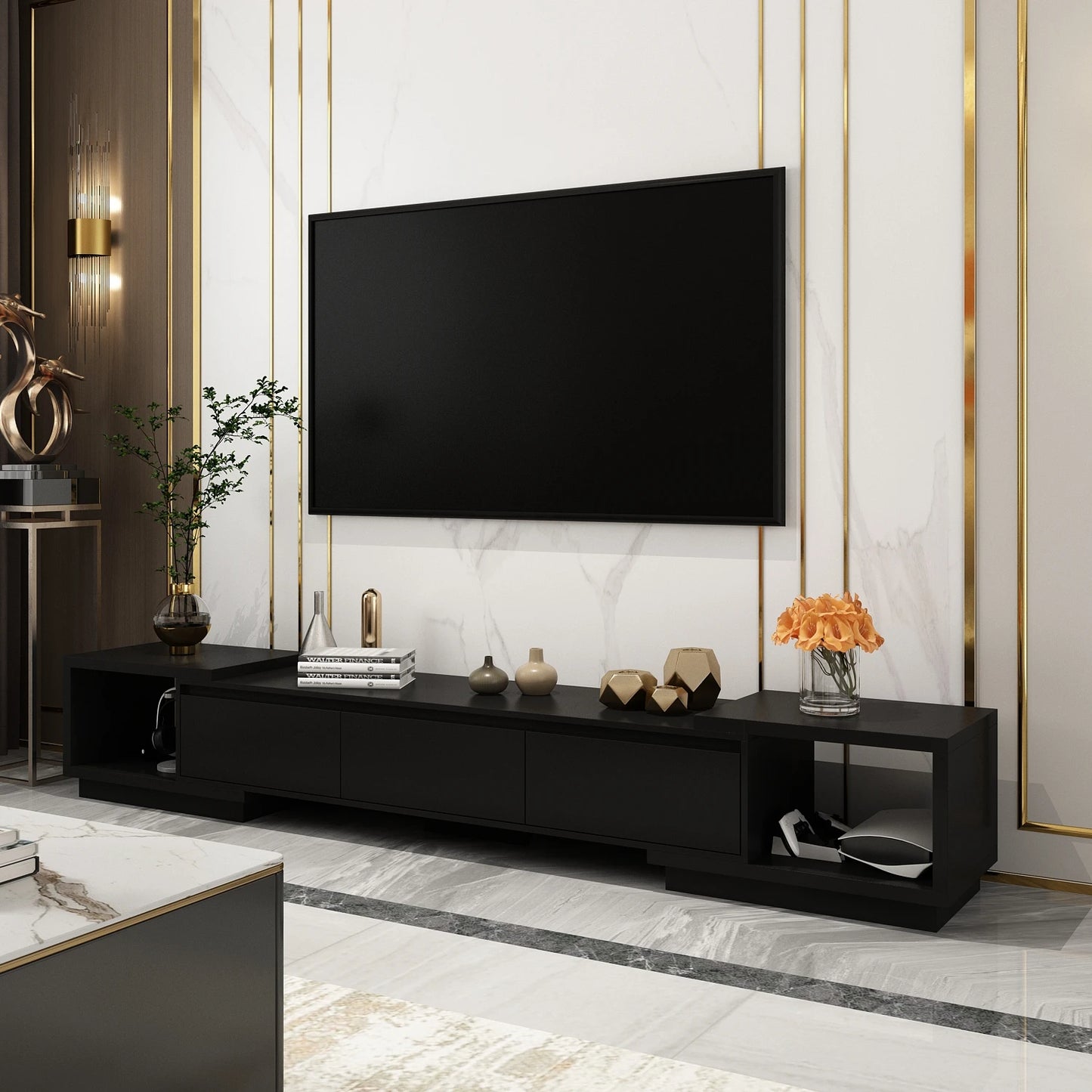 FUFU&GAGA Modern TV stand with 3 drawers, expandable TV console for TVs up to 120"