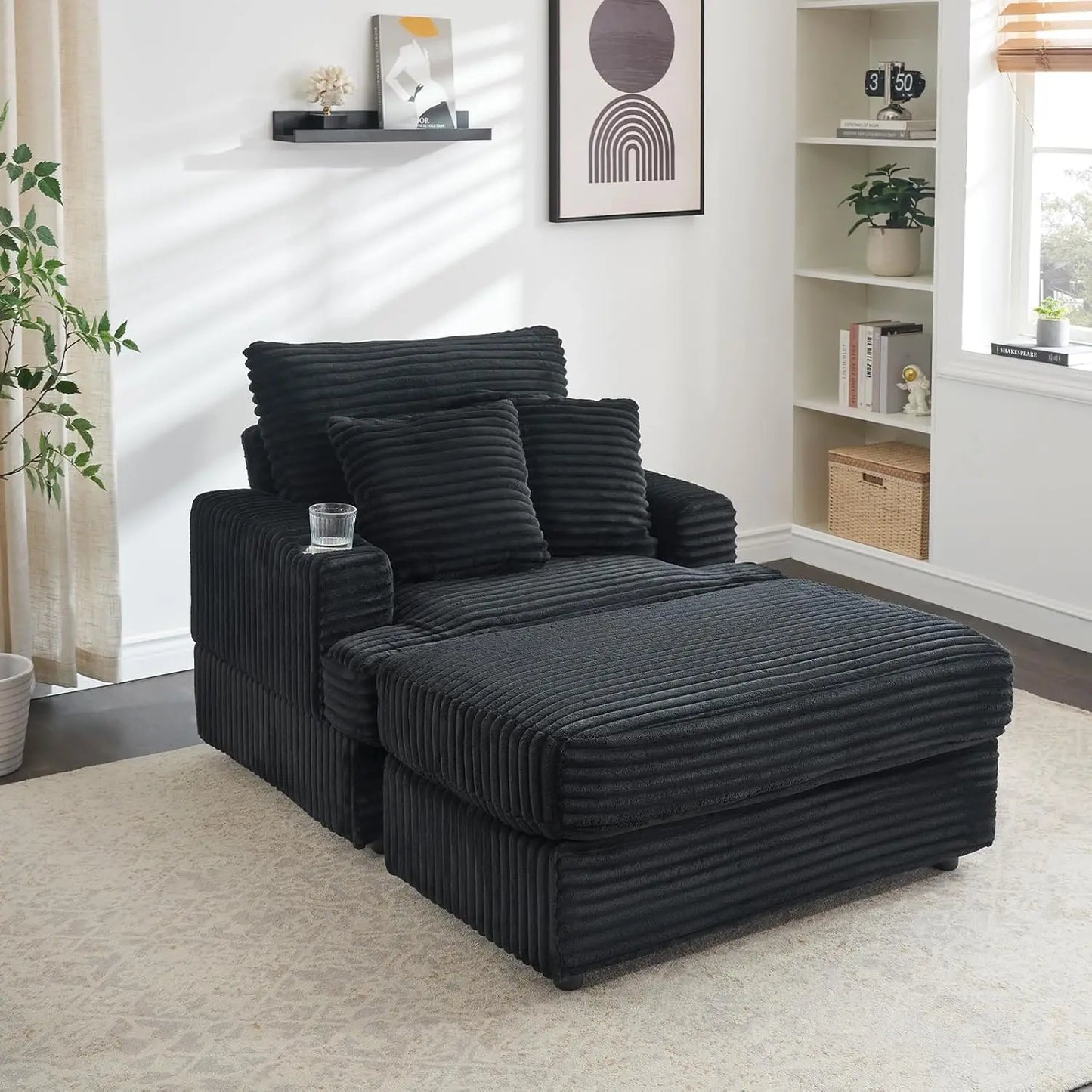 39" Wide Plush Corduroy Oversized Armchair with Ottoman with Cup Holder