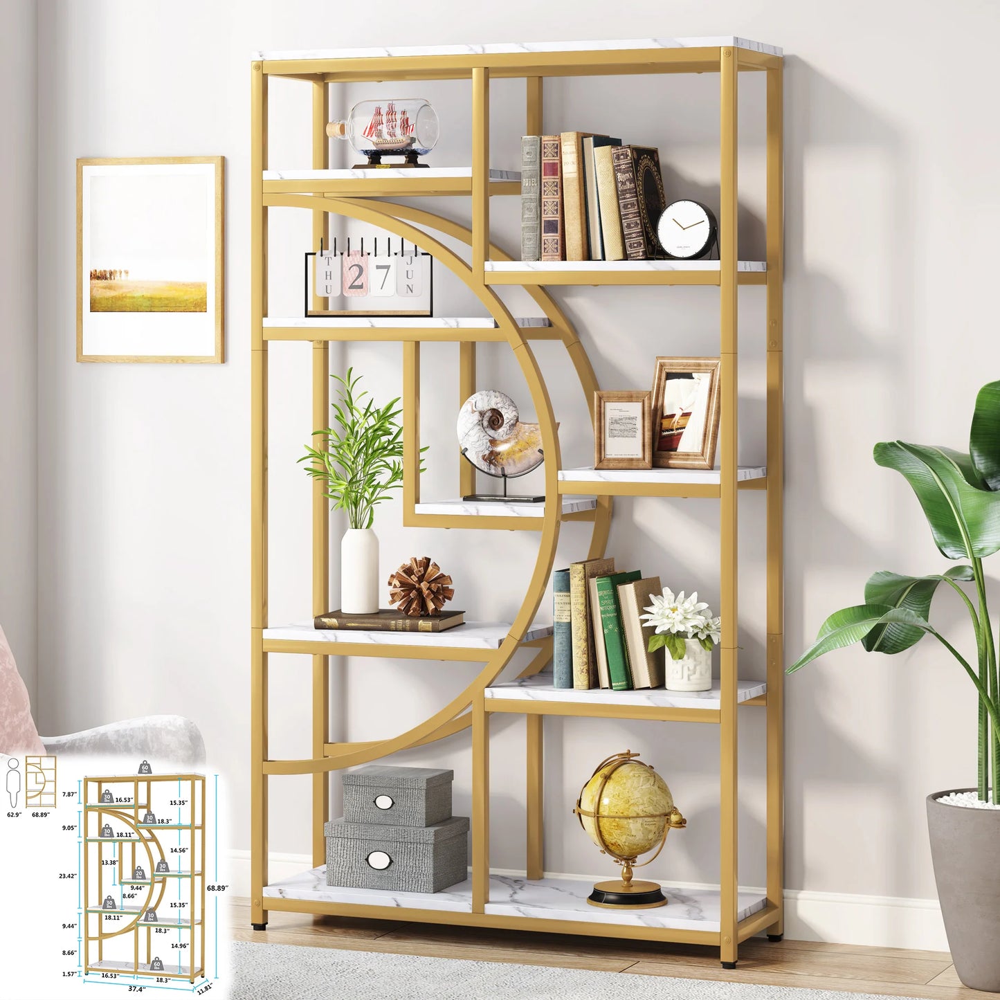 Tribesigns Modern 5 Tier Etagere Bookcase, Gold Display Rack with 8 Shelves