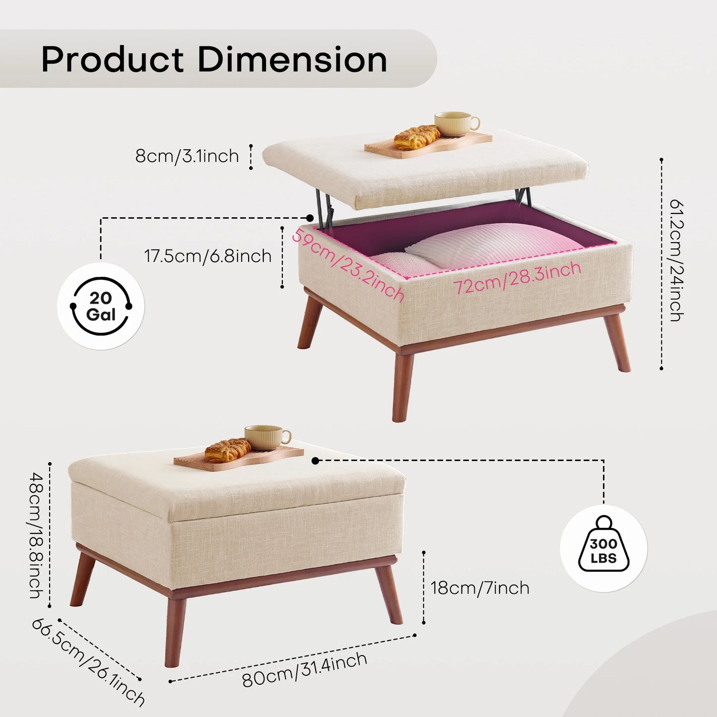 Redlife Large Storage Ottoman / 31.4 inch Lift Top Large Coffee Table