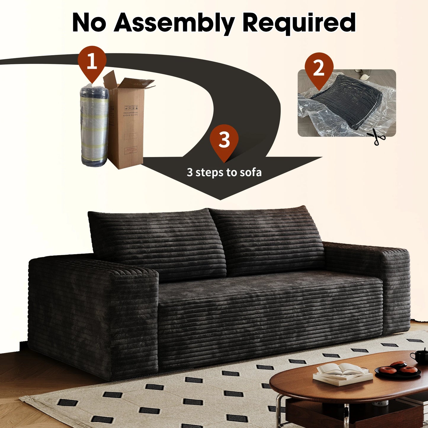 63" Modular Loveseat, with Deep Seats, Corduroy Fabric and No Assembly Required