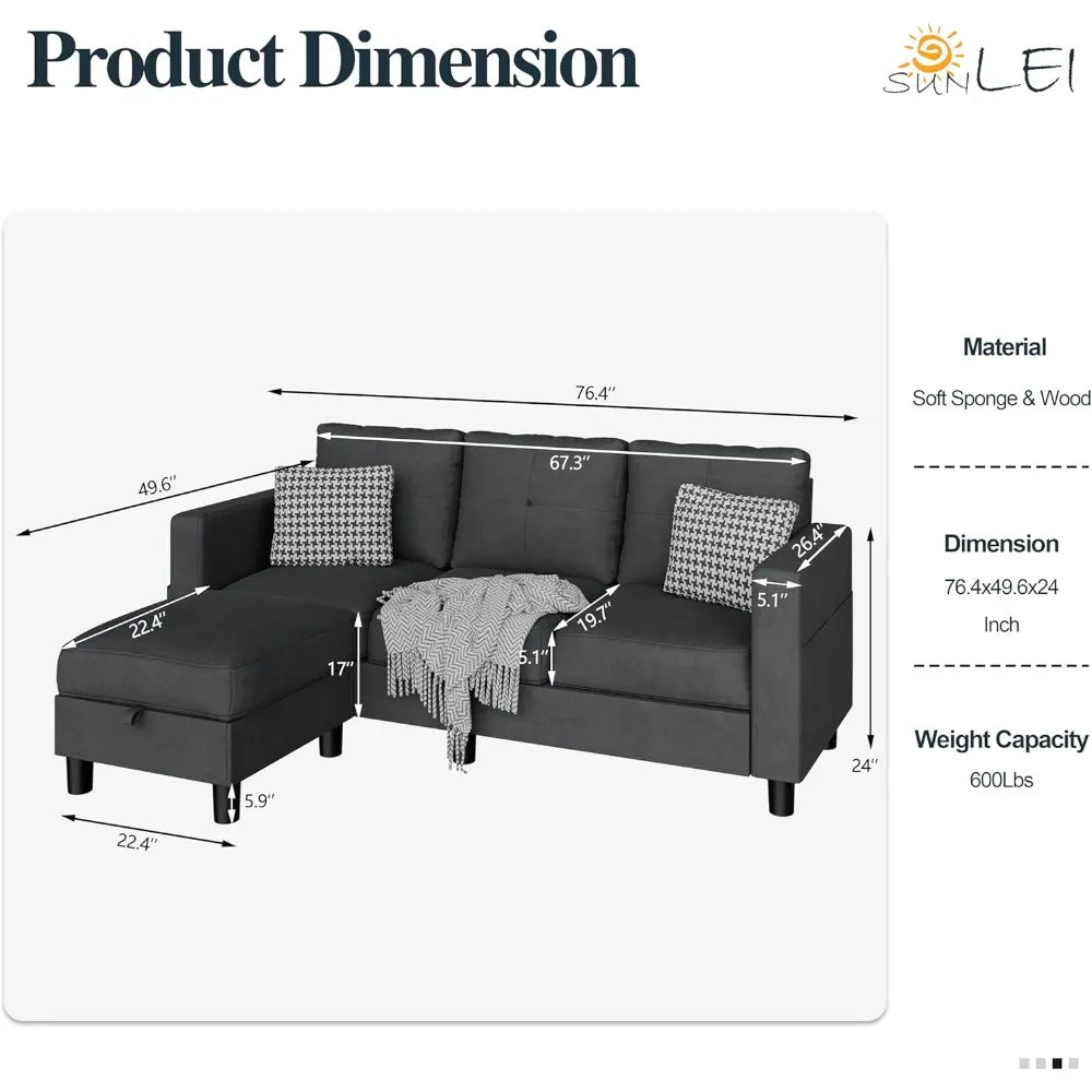 L-Shaped Convertible Sectional Sofa with Reversible Chaise & Ottoman Storage