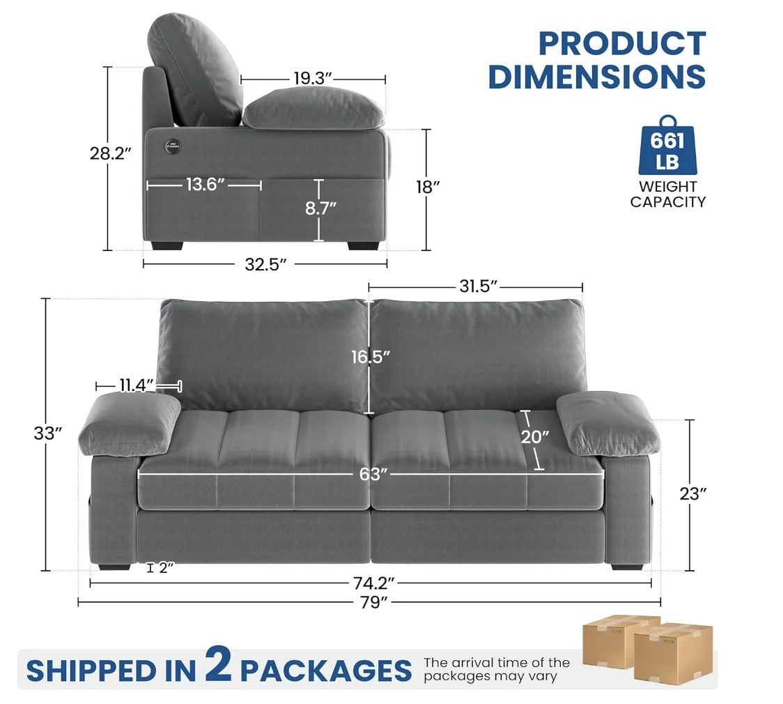 79" Oversized Modern Velvet Sofa Couch with Removable Covers, USB Ports and Storage Pockets