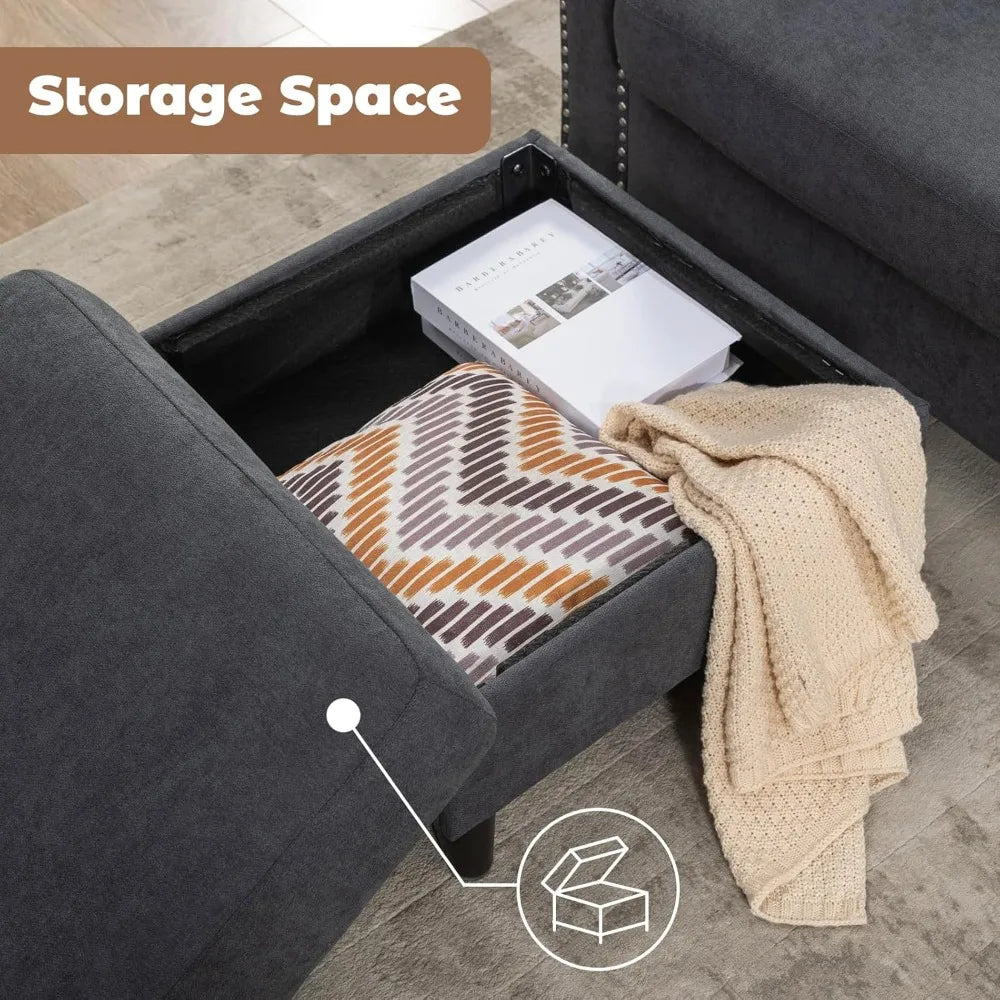 L-Shaped Convertible Sectional Couch with Storage Chaise & 2 Cup Holders