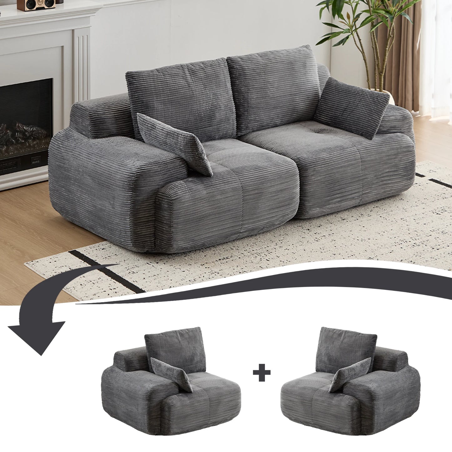 Modern Memory Foam Compressed 2-Seater Corduroy Sofa with No Assembly