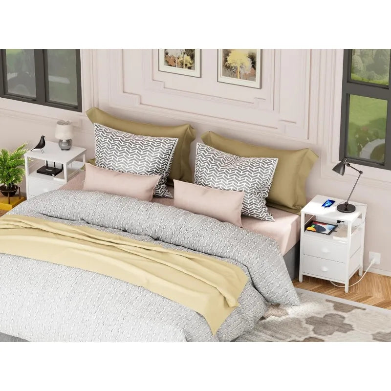 End Table/Night Stand with Charging Station and Fabric Drawers