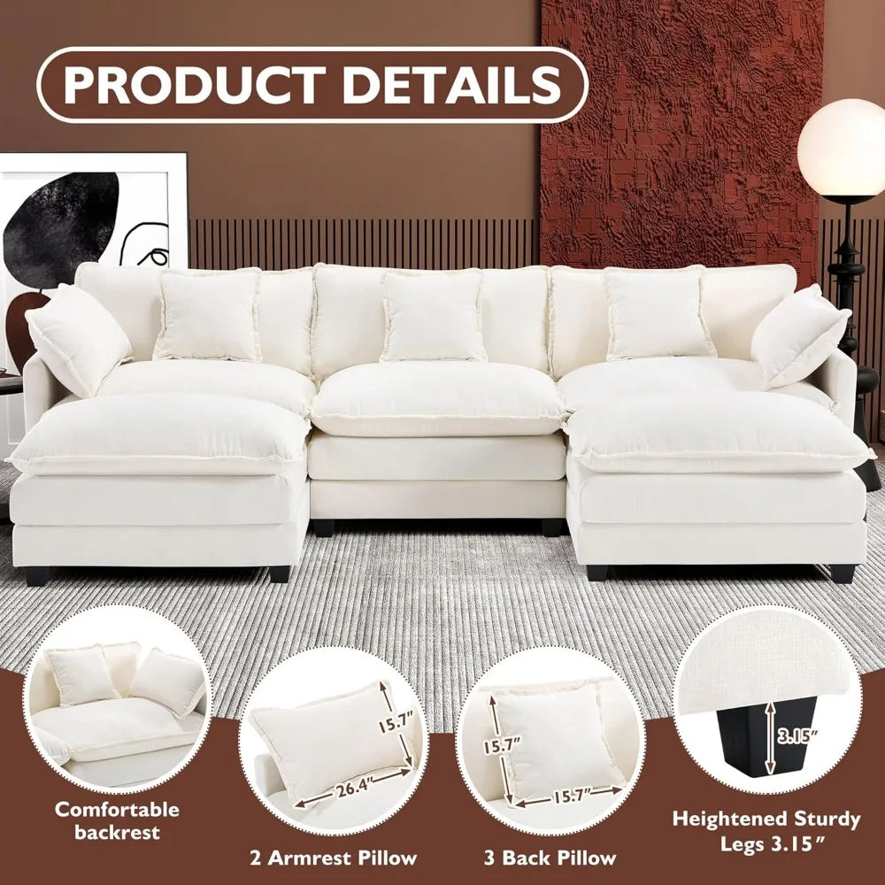 111.4" Modern 5-Seat U Shaped Chenille Deep Seat Cloud Sectional Sofa with 2 Ottoman and 5 Pillows
