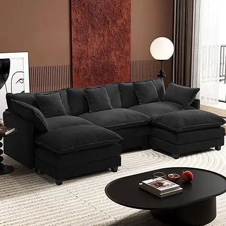 111.4" Modern 5-Seat U Shaped Chenille Deep Seat Cloud Sectional Sofa with 2 Ottoman and 5 Pillows