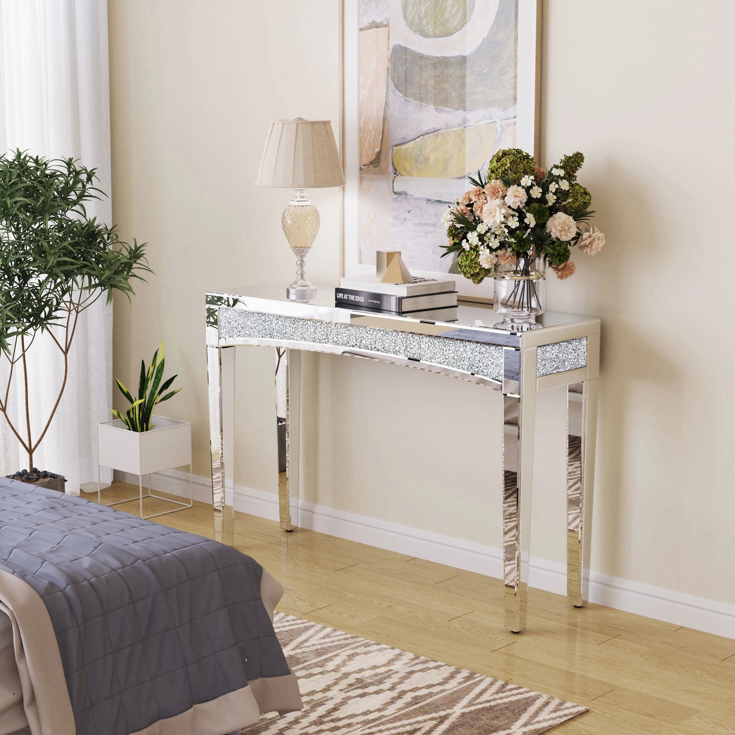 47.2" Mirrored Silver Console Table with Crystal Inlay