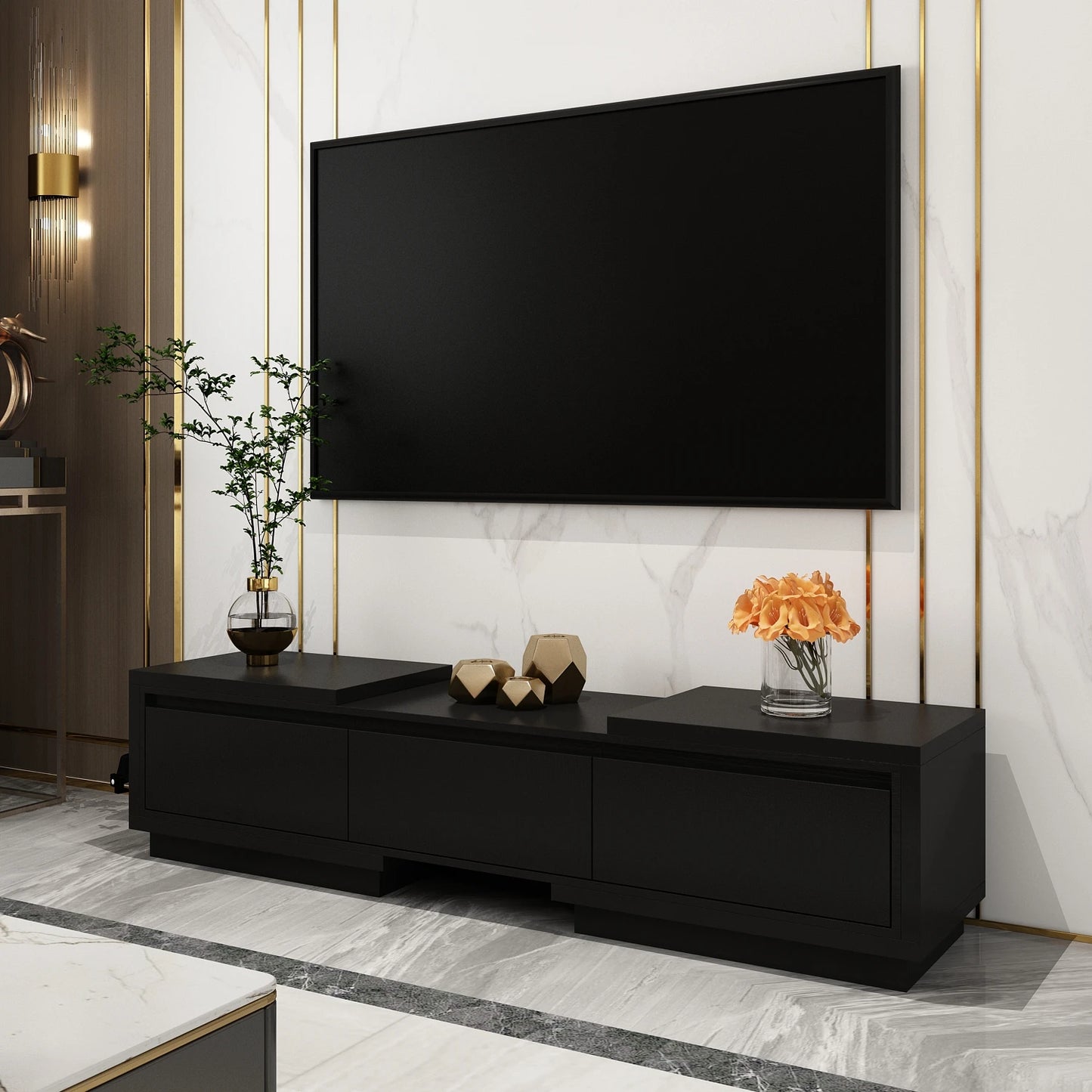 FUFU&GAGA Modern TV stand with 3 drawers, expandable TV console for TVs up to 120"