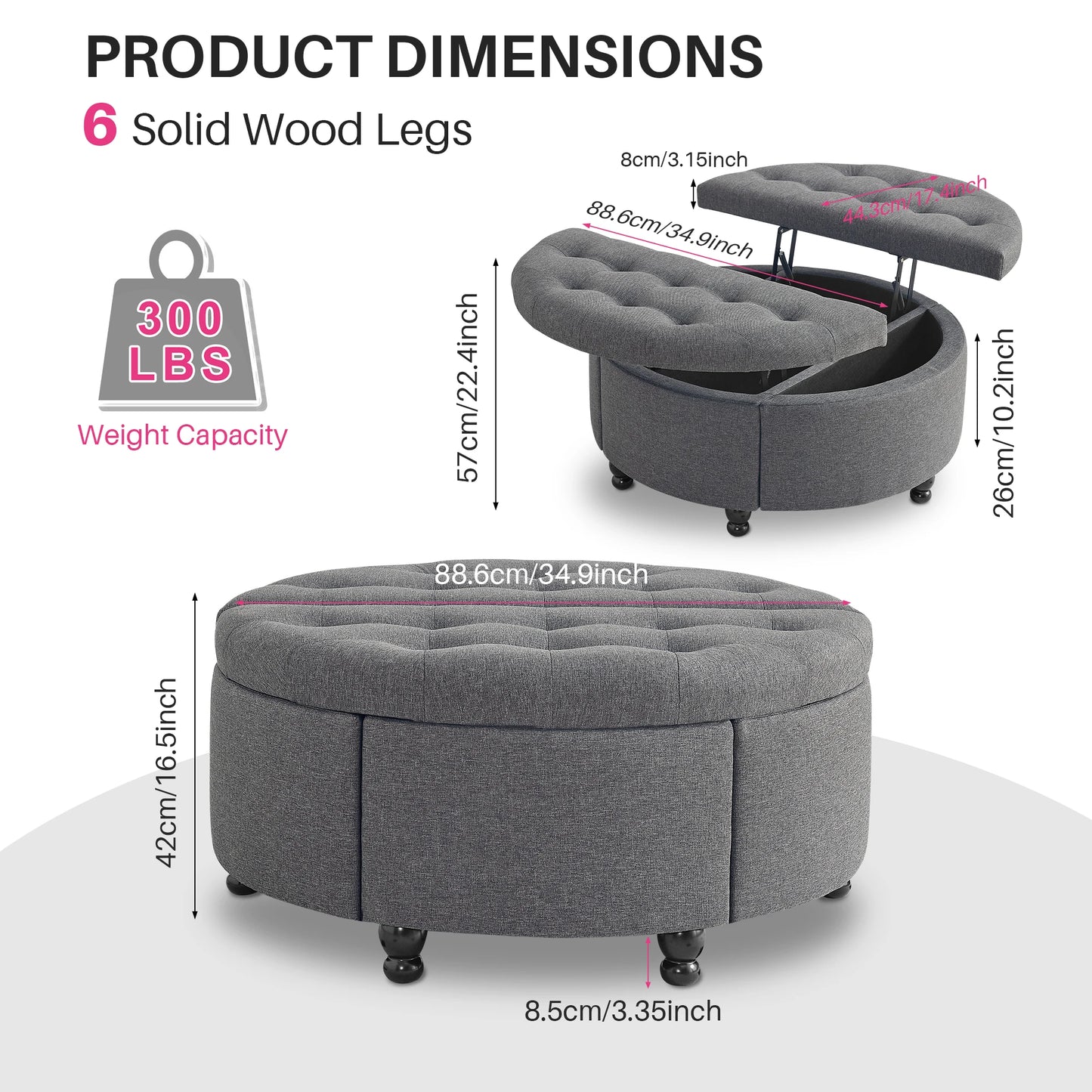 Redlife Upholstered 35" Round Storage Coffee Table