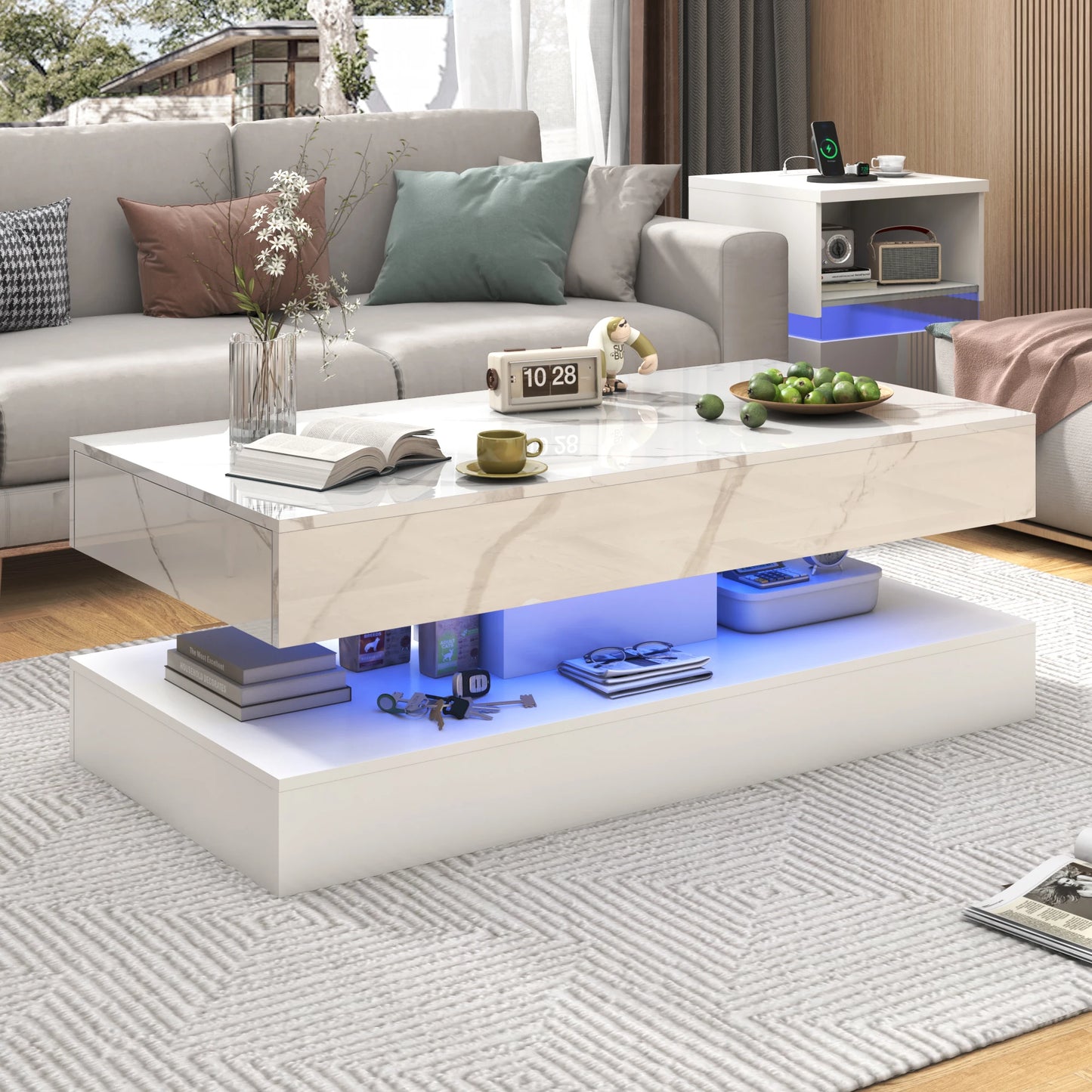 Modern Stylish Coffee Table with LED lights and 2 Storage Drawers