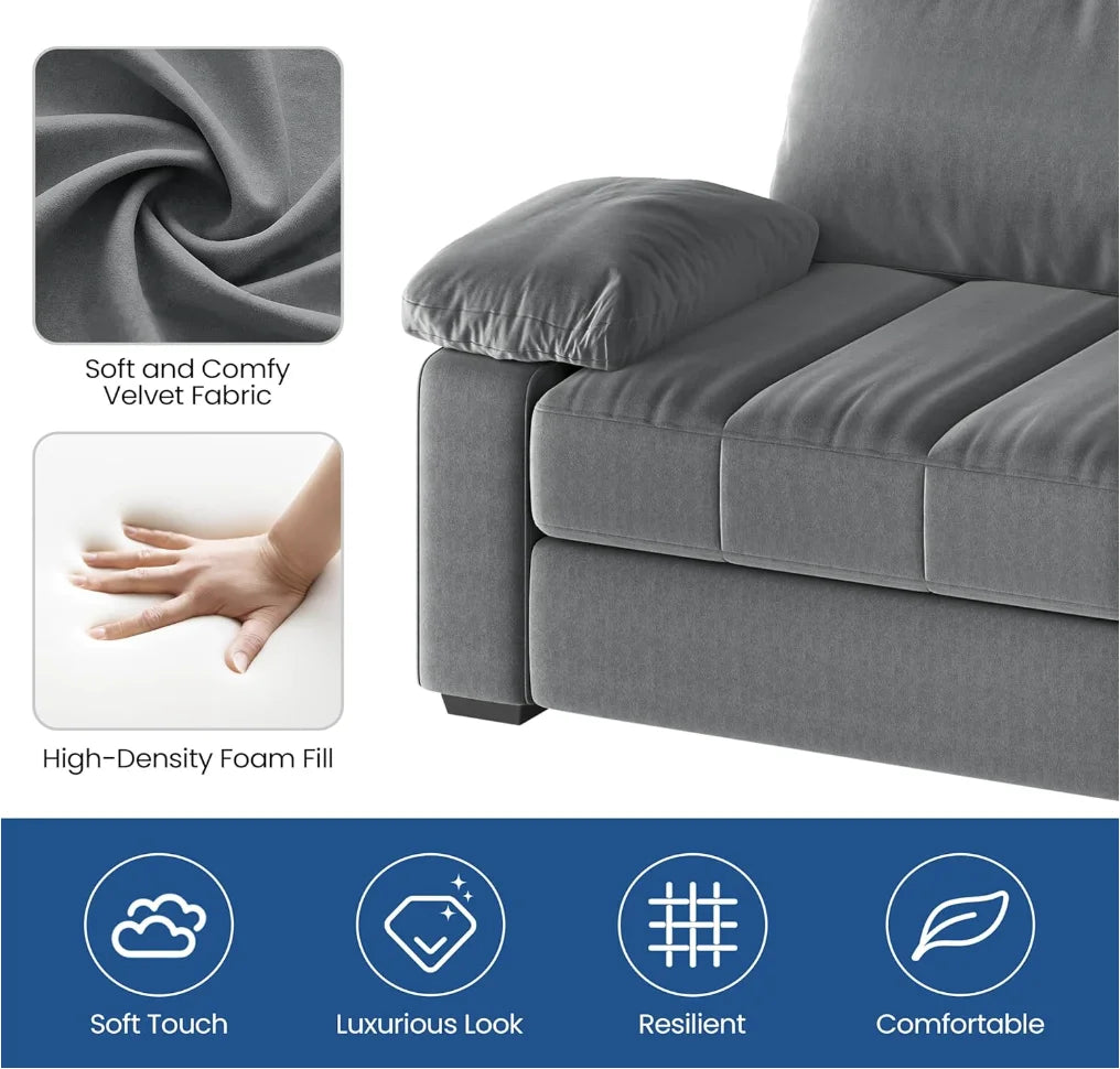 79" Oversized Modern Velvet Sofa Couch with Removable Covers, USB Ports and Storage Pockets