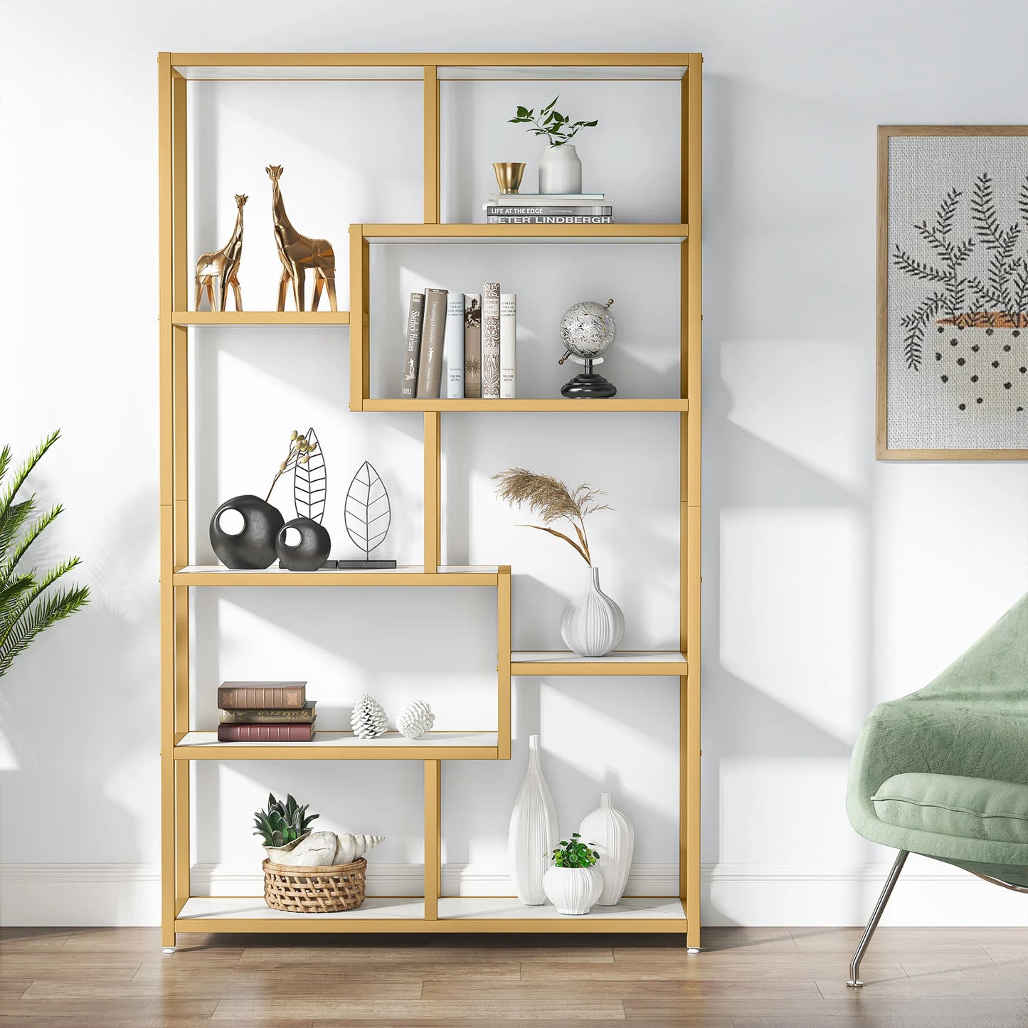 Tribesigns Modern 5 Tier Etagere Bookcase, Gold Display Rack with 8 Shelves