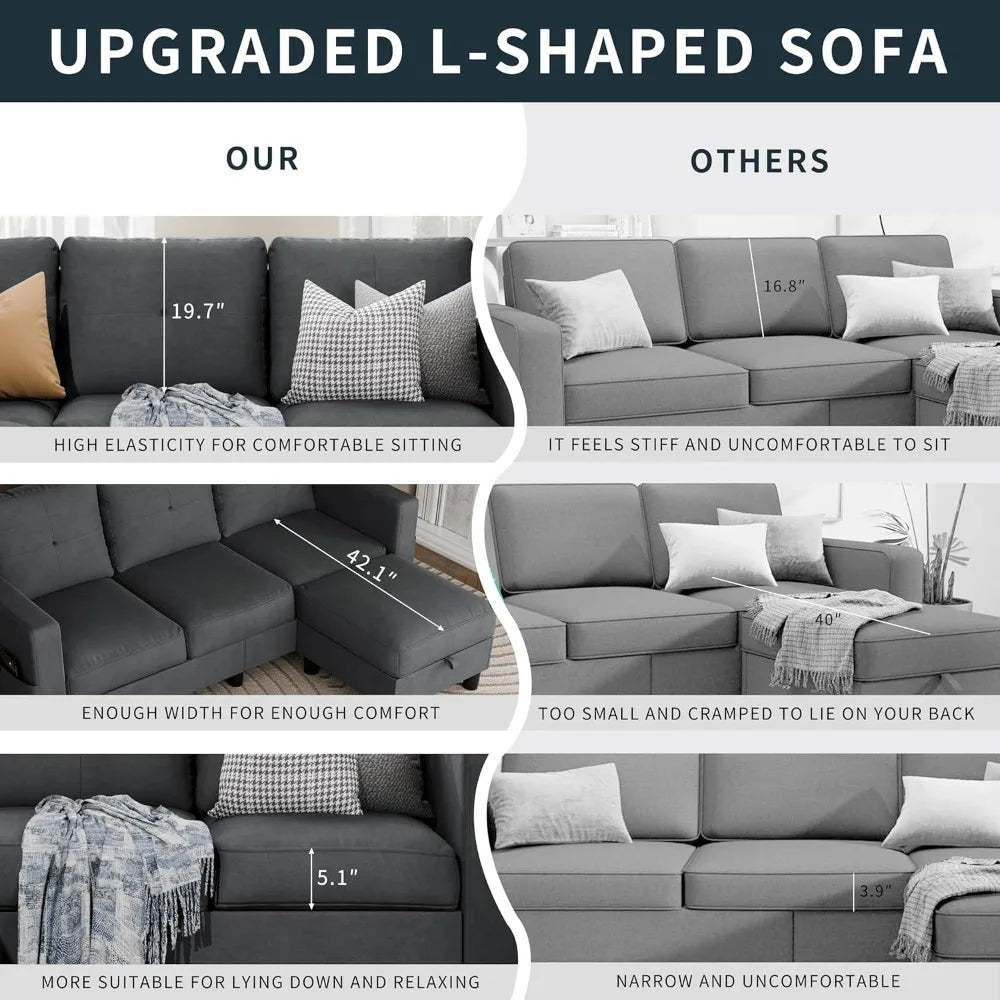 L-Shaped Convertible Sectional Sofa with Reversible Chaise & Ottoman Storage